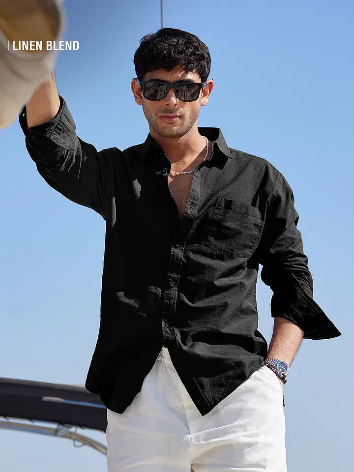 Classic Bold Black Cotton Linen Blend Shirt