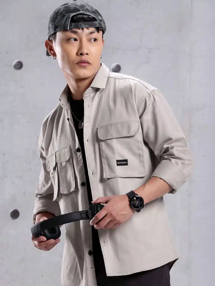 Ash Grey Relaxed-Fit Cotton Twill Shirt for Men