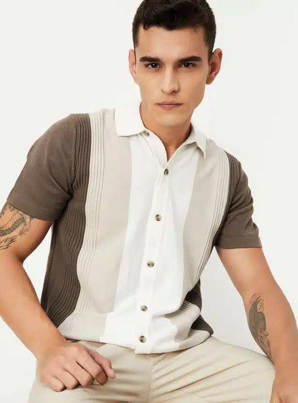 Men Striped Flat Knit Polo T-shirt