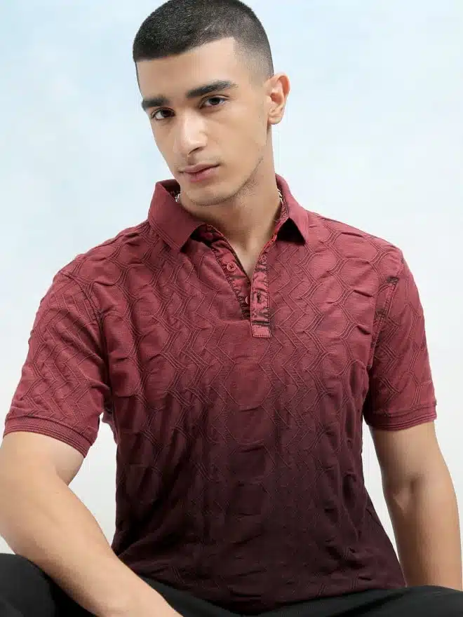 Men Red Ombre Knitted Polo Tshirt